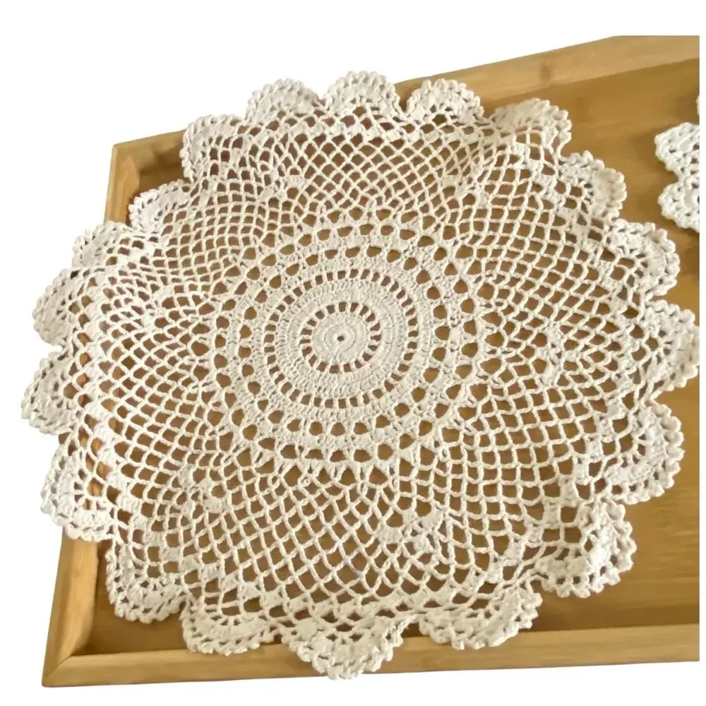 Vintage Handmade Crochet Doilies Set of 2 Ecru Cotton Round Lace Table